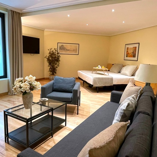 Un luminoso y acogedor apartamento tipo estudio presenta una sala de estar con sofá y sillón, una cama doble con bandeja de desayuno y suelos de madera clara.