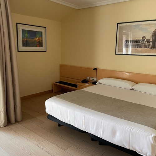 Una habitación de hotel con una cama, dos cuadros en la pared, cortinas beige y suelo de madera clara.