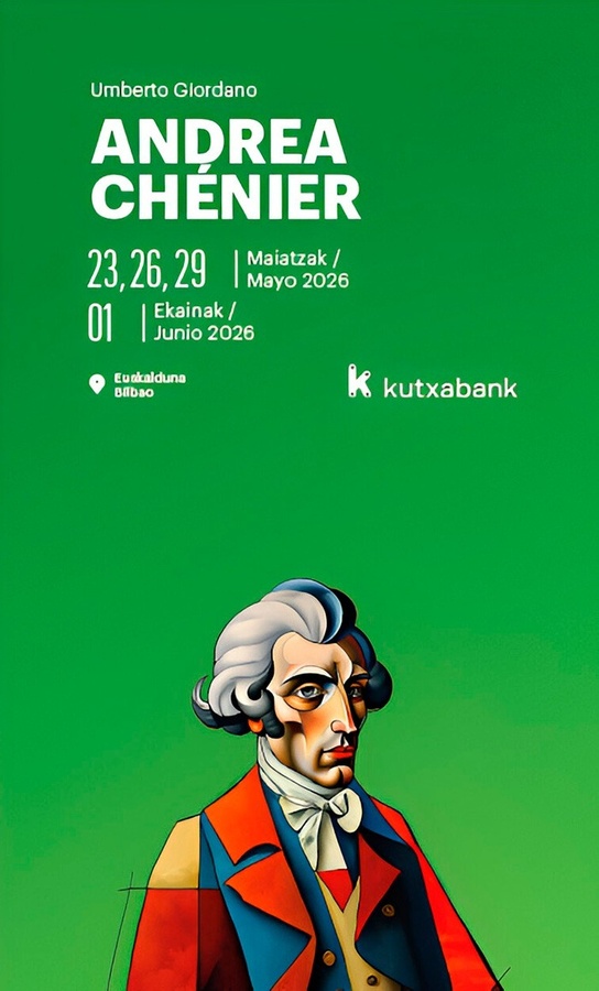 un cartel verde que dice andrea chenier y umberto giordano