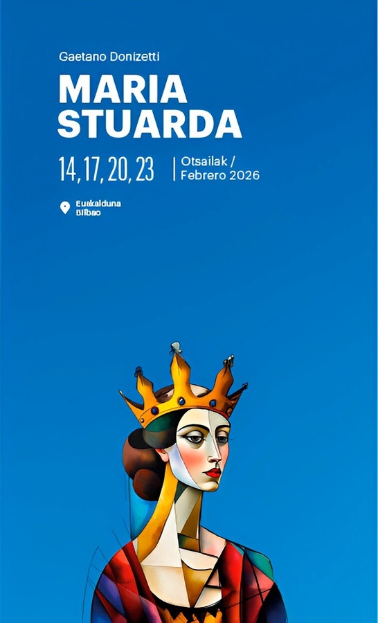 un cartel azul con una pintura de una mujer con una corona en la cabeza