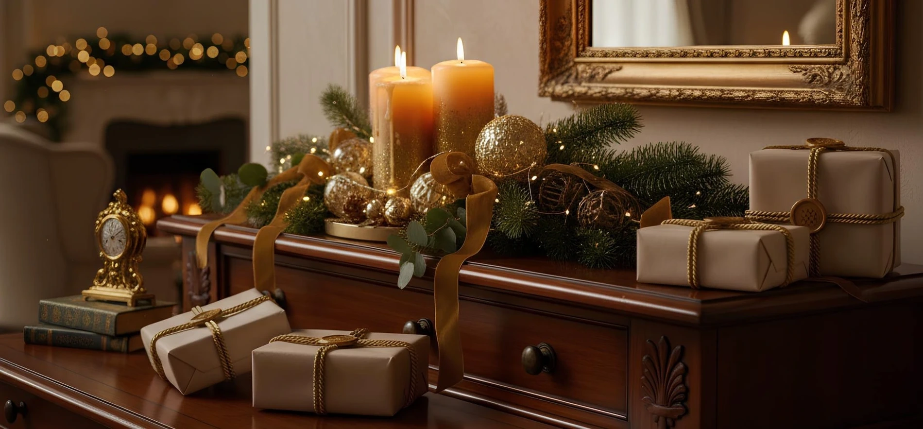 Luxurious hotel lobby Hotel Carlton with Christmas decorations, candles, and gifts.