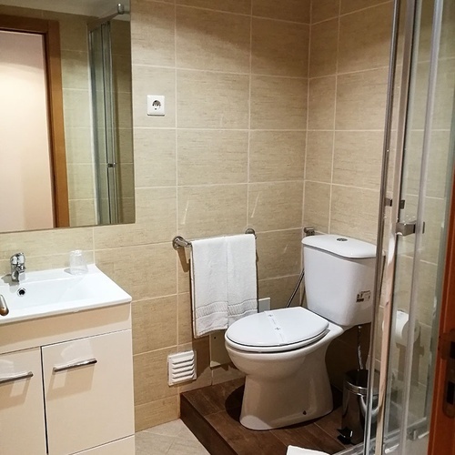 a bathroom with a toilet a sink and a mirror