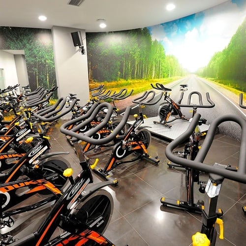 a row of exercise bikes are lined up in a gym