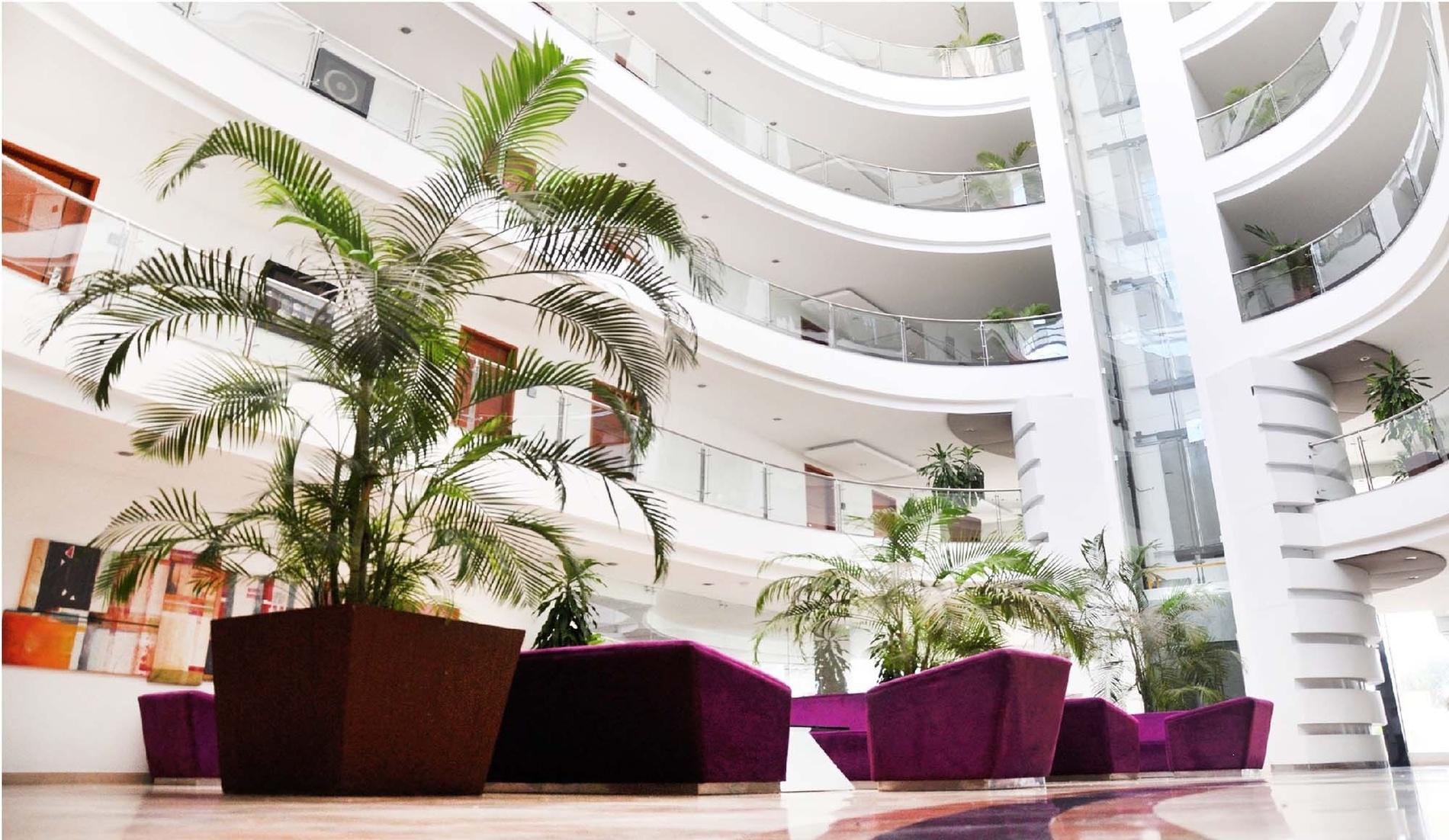 un gran edificio con muchas palmeras y escaleras