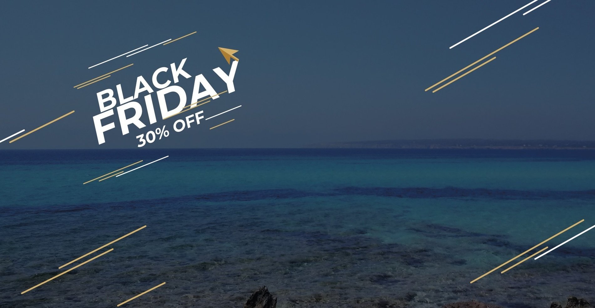 an advertisement for black friday with a beach in the background