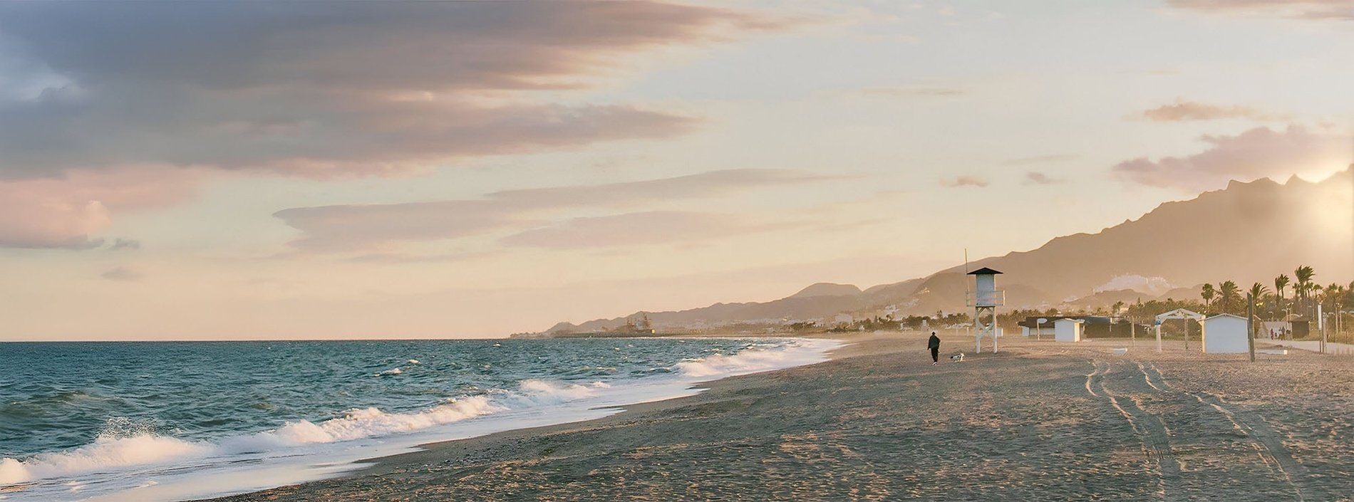 un hombre camina por la playa con un perro al atardecer
