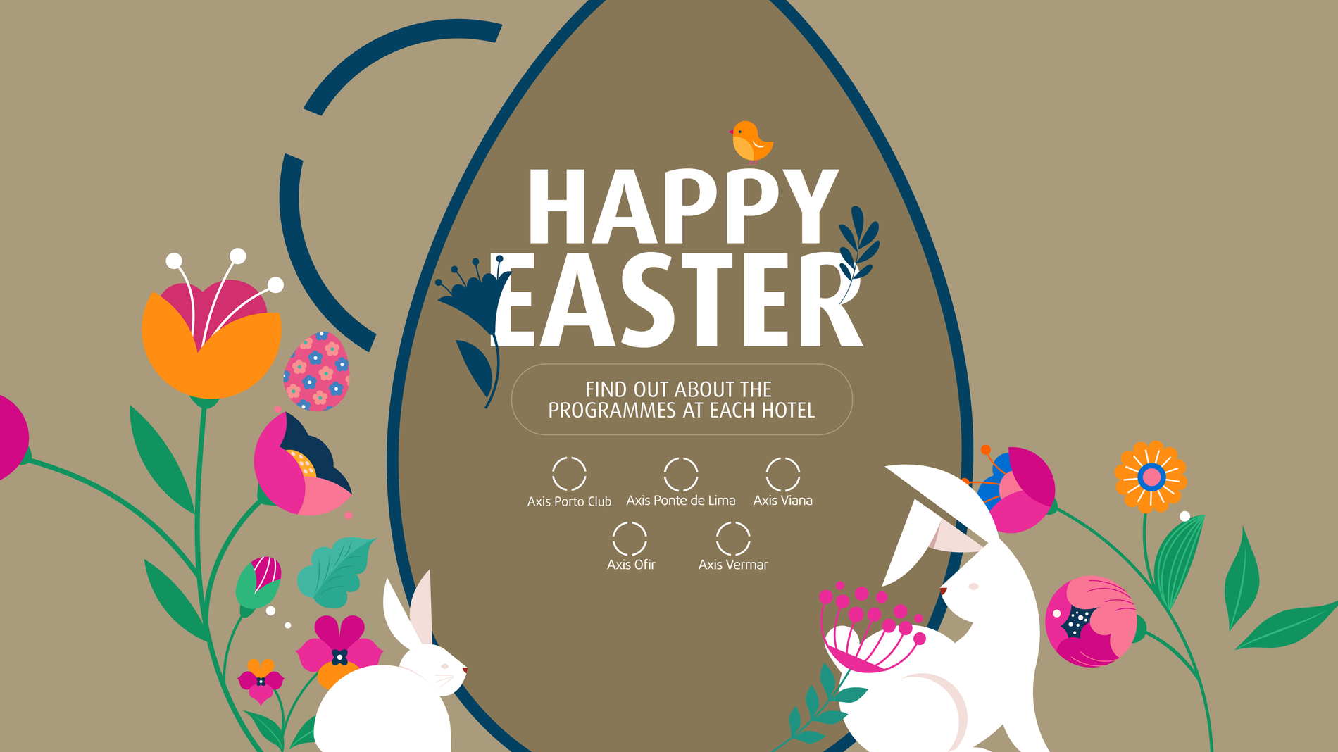 a happy easter poster with flowers and rabbits