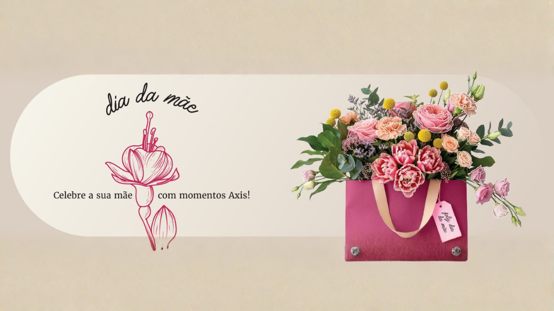 Dia da Mãe: buquê vibrante em saco de presente com mensagem de celebração no Hotel Axis.