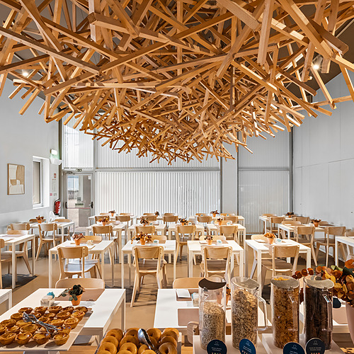 Comedor luminoso con mesas de madera,Axis: Corporate y decoración natural.