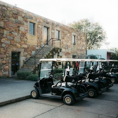 a row of golf carts are parked in front of a stone building