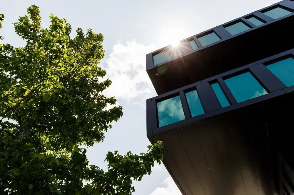 un bâtiment noir avec beaucoup de fenêtres et un arbre devant