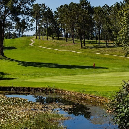 a golf course with a pond in the foreground