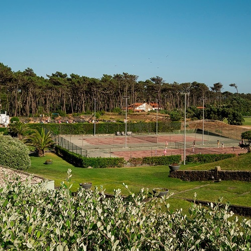 a view of a tennis court with a house in the background