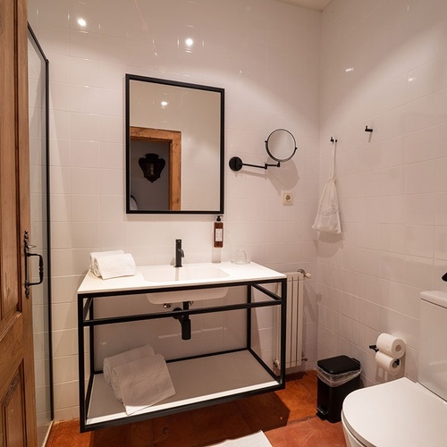 a bathroom with a sink toilet and mirror