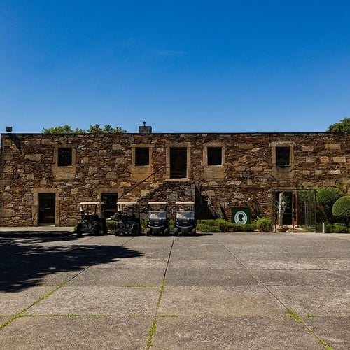 a row of golf carts are parked in front of a stone building