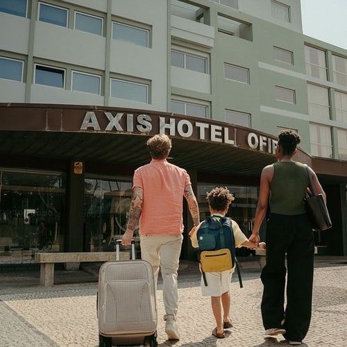 a family walking in front of the axis hotel