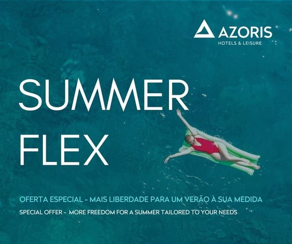 Azoris Hotels summer offer: Summer Flex campaign with a woman relaxing on a pool float.