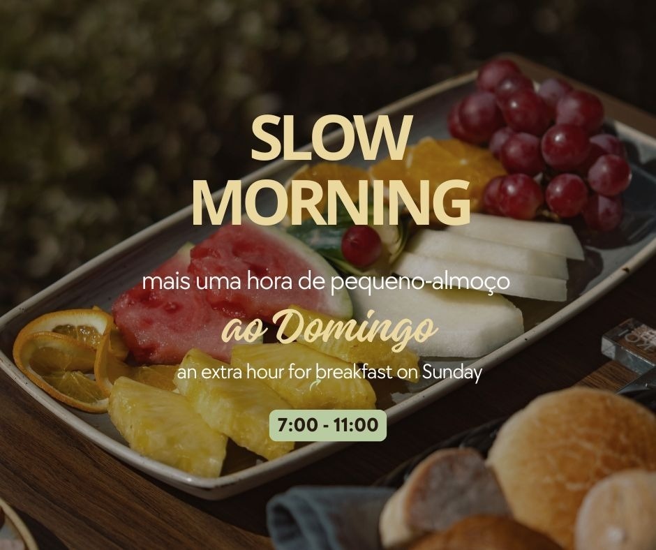 an advertisement for slow morning shows a plate of fruit