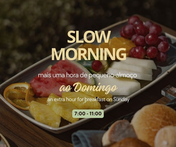 an advertisement for slow morning shows a plate of fruit