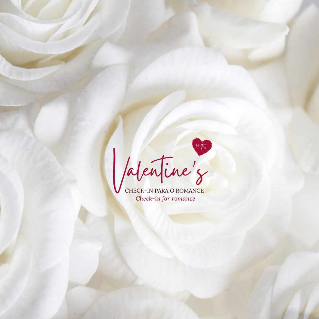 um fundo de rosas brancas com o logotipo de valentine 's check-in para o romance check-in for romance