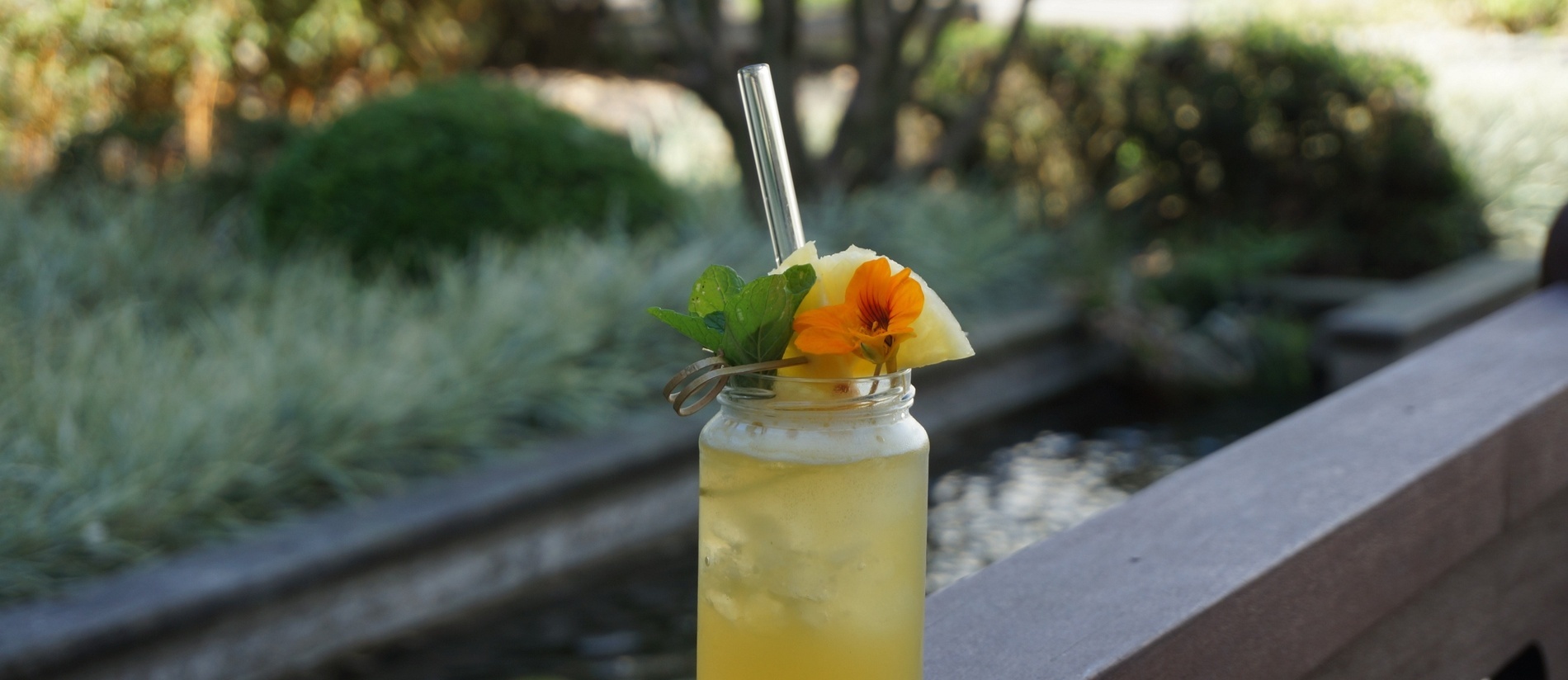 um copo de suco com um pedaço de abacaxi e uma flor ao lado de uma piscina