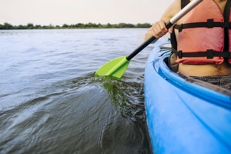 un hombre con un chaleco salvavidas rojo rema en un kayak azul