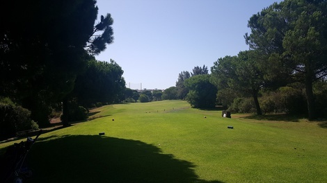 un campo de golf rodeado de árboles en un día soleado