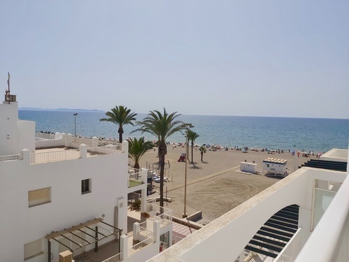 a view of the ocean from a balcony with palm trees in the foreground