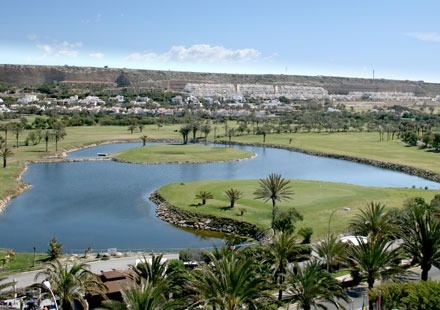 una vista aérea de un campo de golf rodeado de agua y palmeras