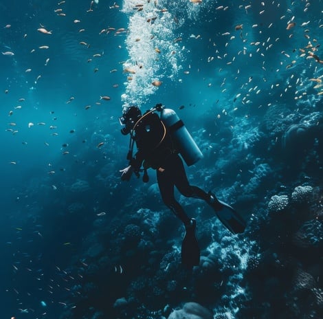 un buzo nada en el océano rodeado de peces