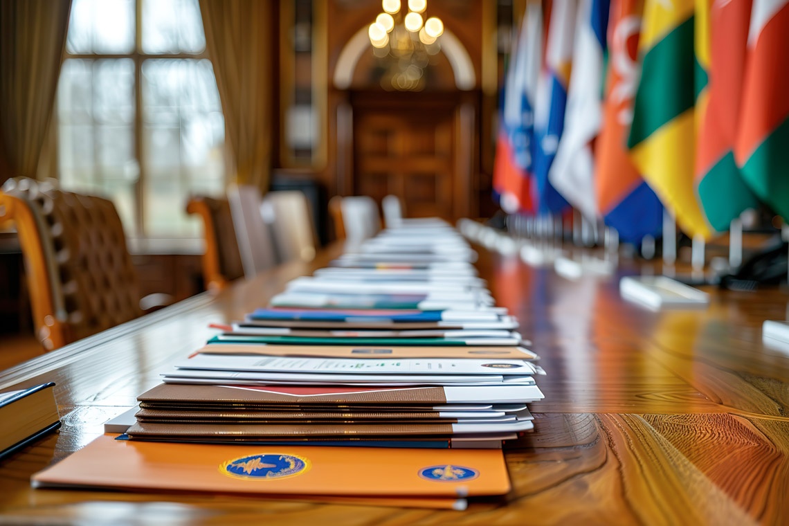 Barlovento meeting room with formal seating, flags, and documents.