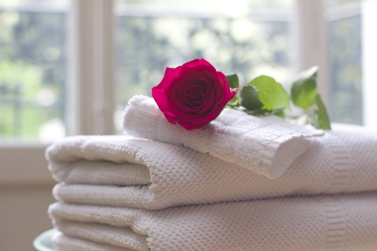 Red rose on white towels in a hotel, Plantilla Baseline V6.