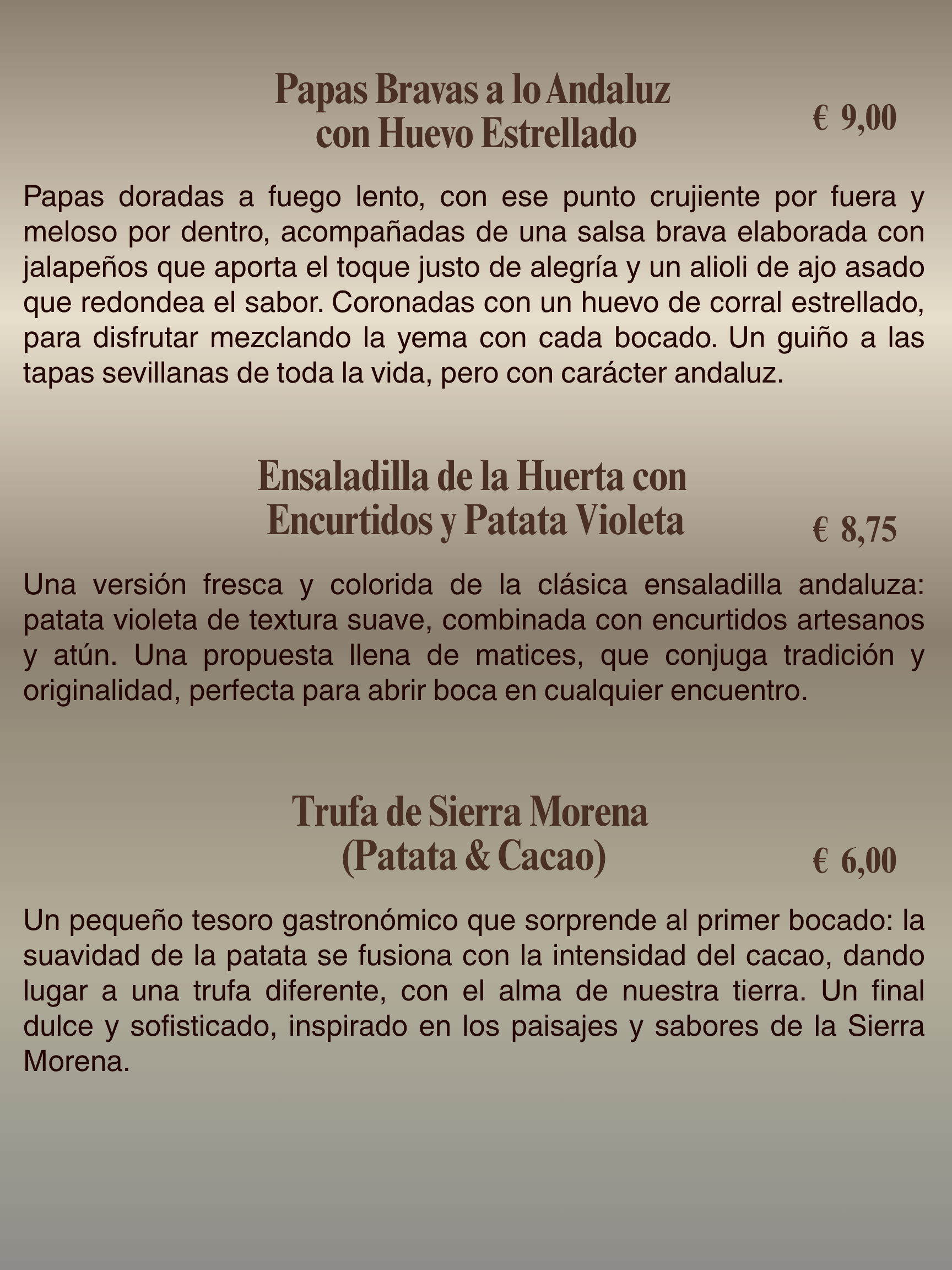 a menu for papas bravas a lo andaluz con huevo estrellado