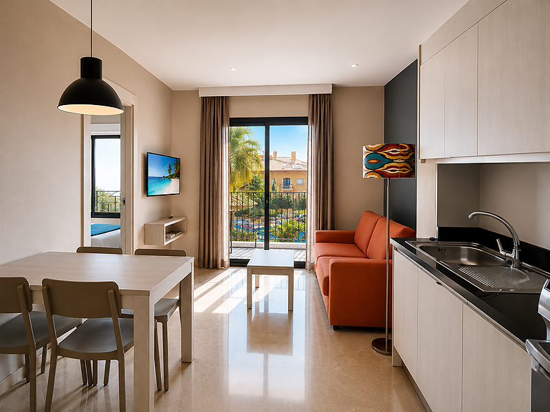 Modern appartement met eethoek, oranje bank, keuken en balkon met uitzicht in het Benalmádena Palace