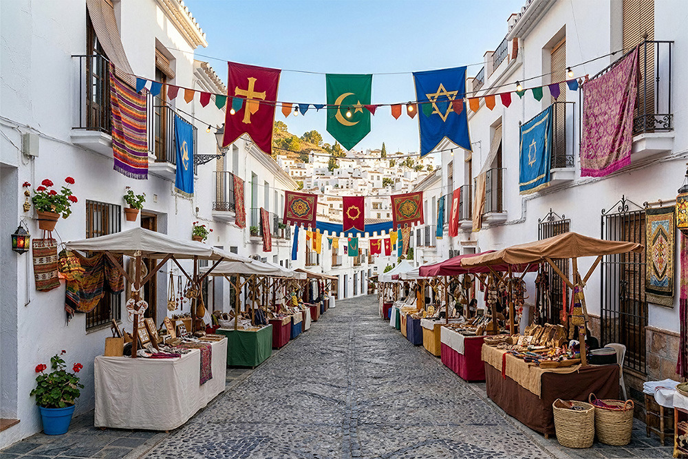 Mercado medieval en calle blanca con puestos de artesanía y BENESTE: Corporativa.