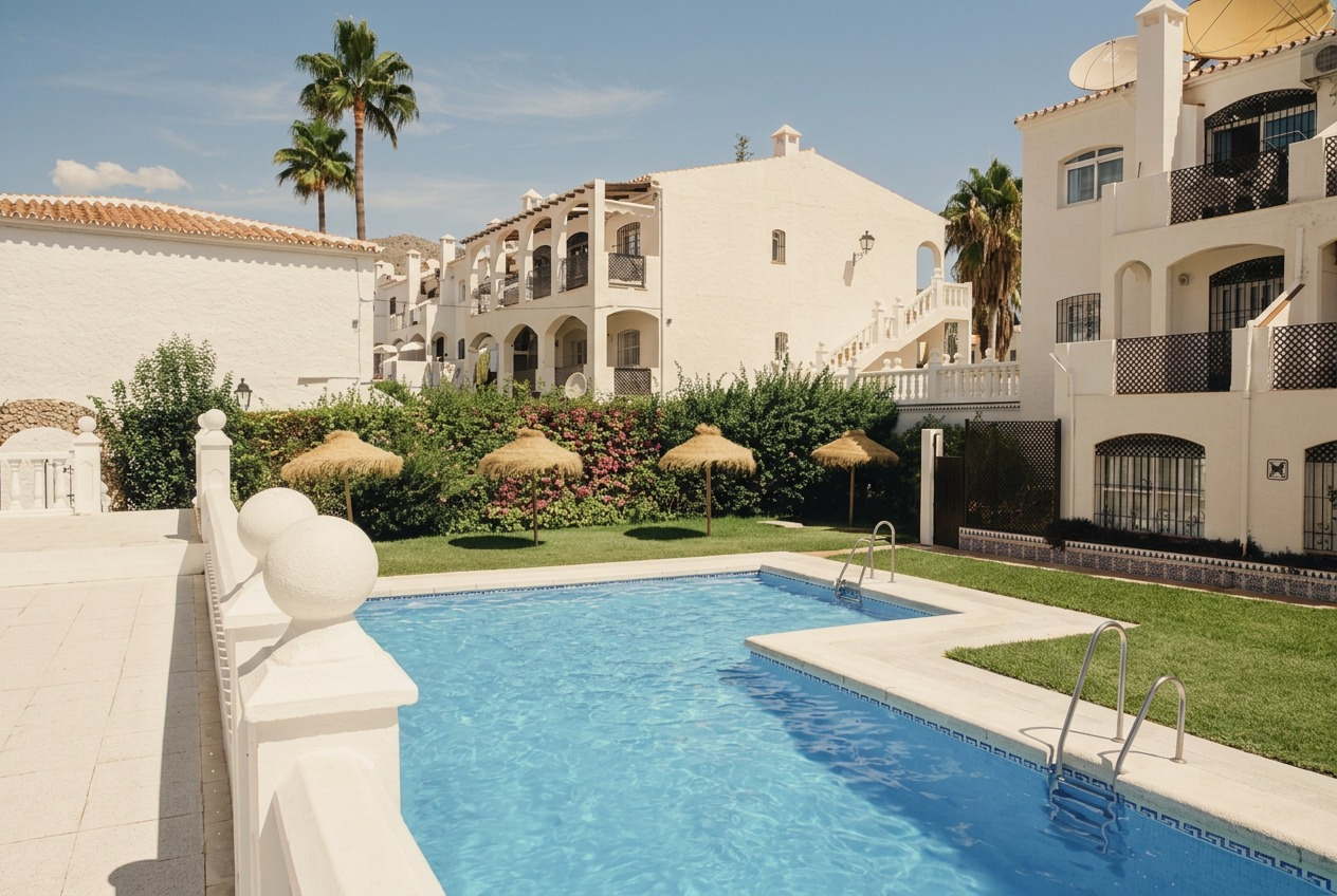 Piscina azul con sombrillas de paja y palmeras en hotel Beneste Nerja Hostal | Hostal en Nerja | Web Oficial