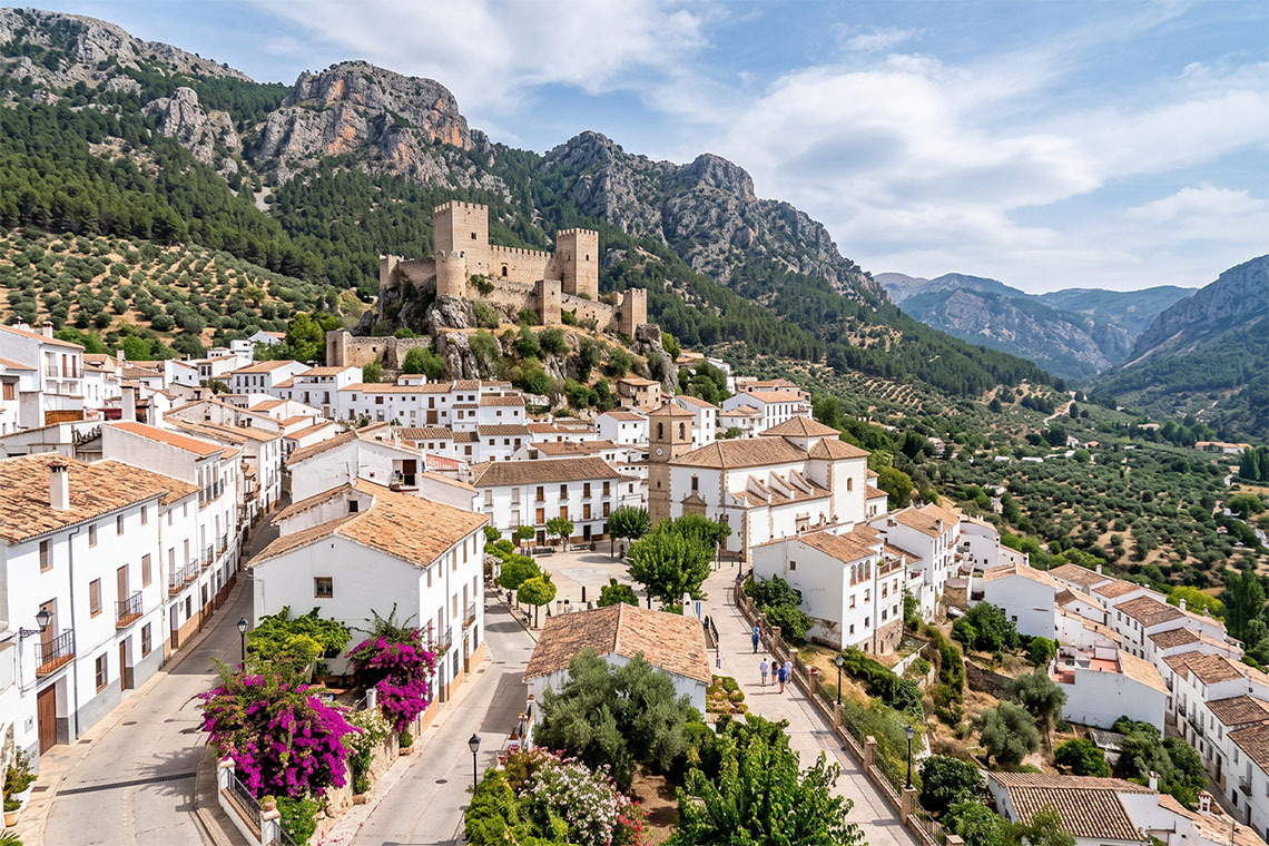 Pueblo blanco con castillo en la montaña, ideal para BENESTE: Corporativa y turismo rural.