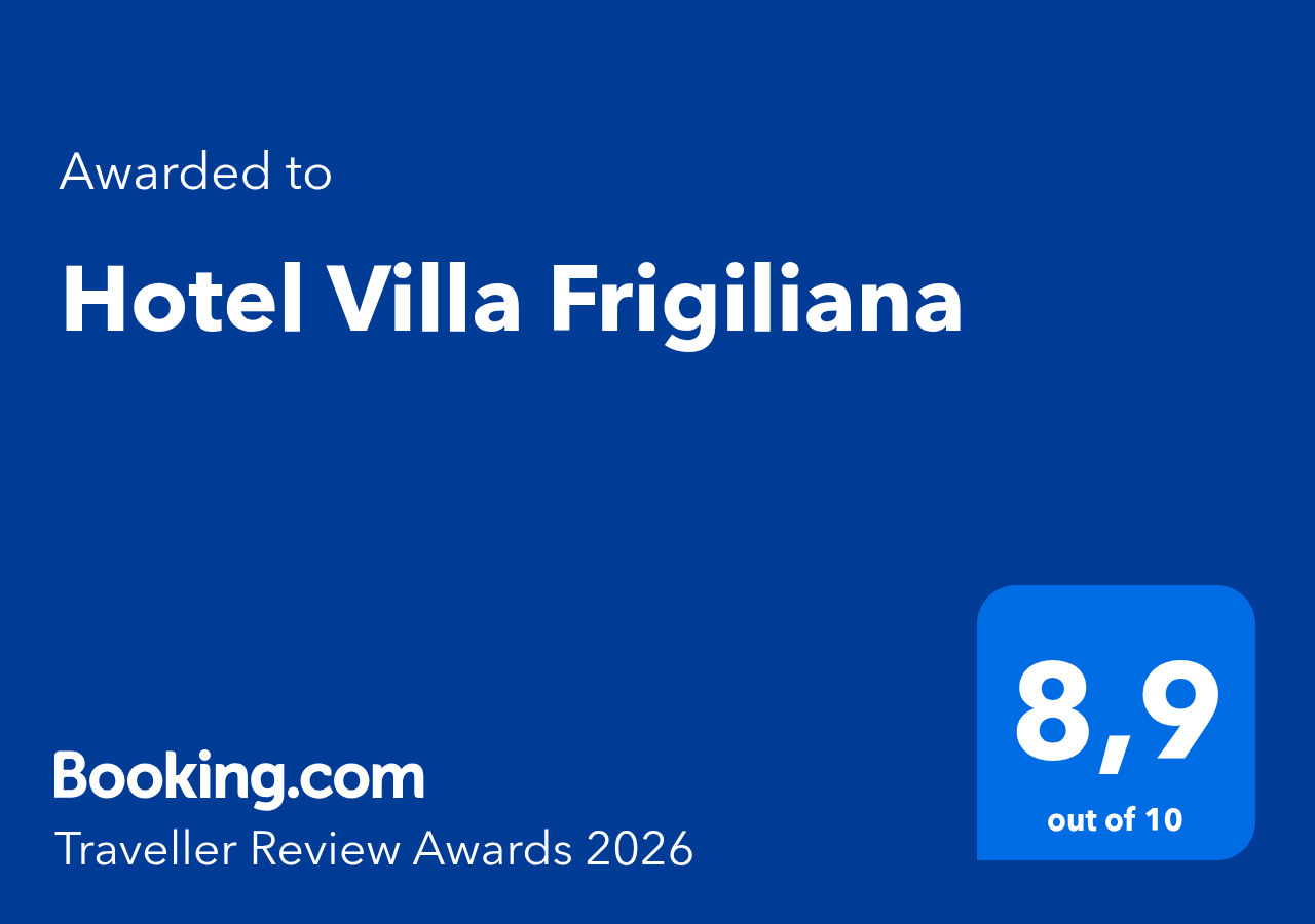 The image is an award graphic from Booking.com, stating "Awarded to Hotel Villa Frigiliana" with a score of "8,9 out of 10" and indicating "Traveller Review Awards 2026."