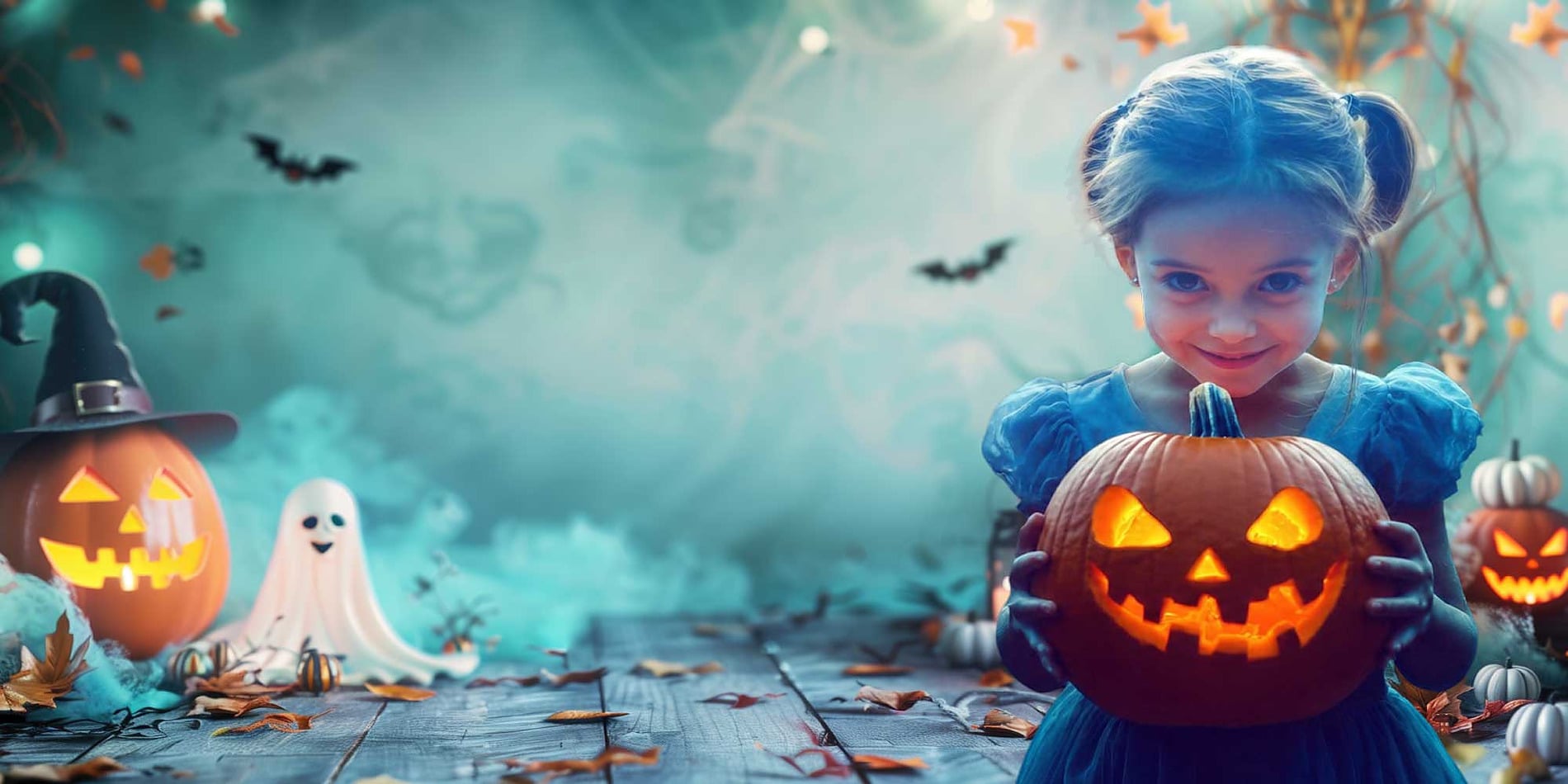 Niña sonriente con calabaza de Halloween, decoraciones y el texto "Best Corporativa" en ambiente festivo
