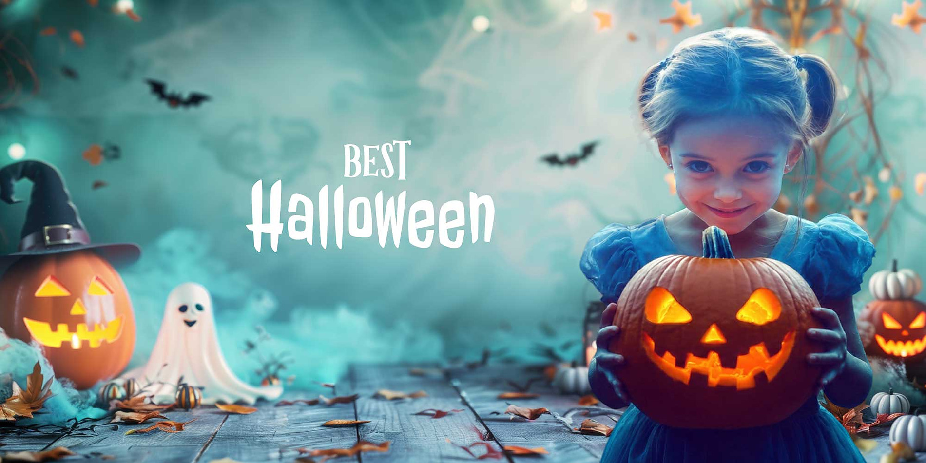 Joven sonriente sostiene calabaza de Halloween iluminada, perfecta para fotos de Best Corporativa vacacionales.