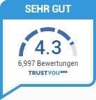 ein blaues und weißes Logo mit einer Sprechblase , die sehr gut ist .