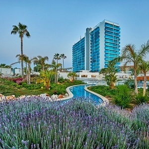 un gran edificio azul y blanco está rodeado de palmeras y flores moradas