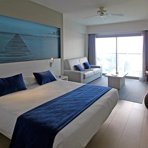 una habitación de hotel con una cama y un sofá