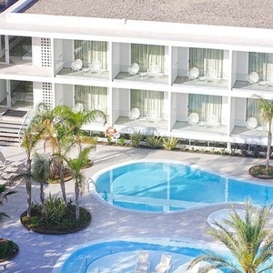 una vista aérea de un hotel con piscina y palmeras