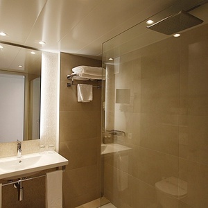 a bathroom with a sink a mirror and a shower