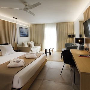 una habitación de hotel con una cama y una televisión