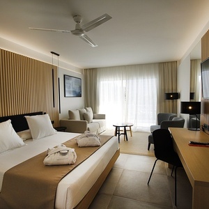 una habitación de hotel con una cama y una televisión