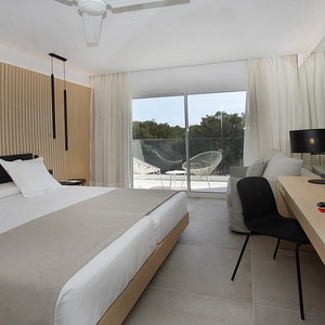 una habitación de hotel con una cama y un escritorio