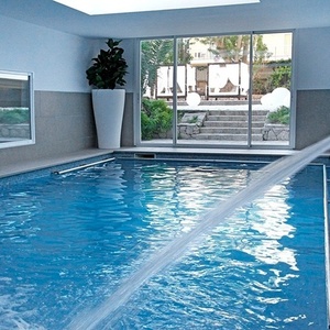 ein Schwimmbad mit einem Fenster und einer Pflanze im Hintergrund