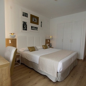 a hotel room with a bed and a desk